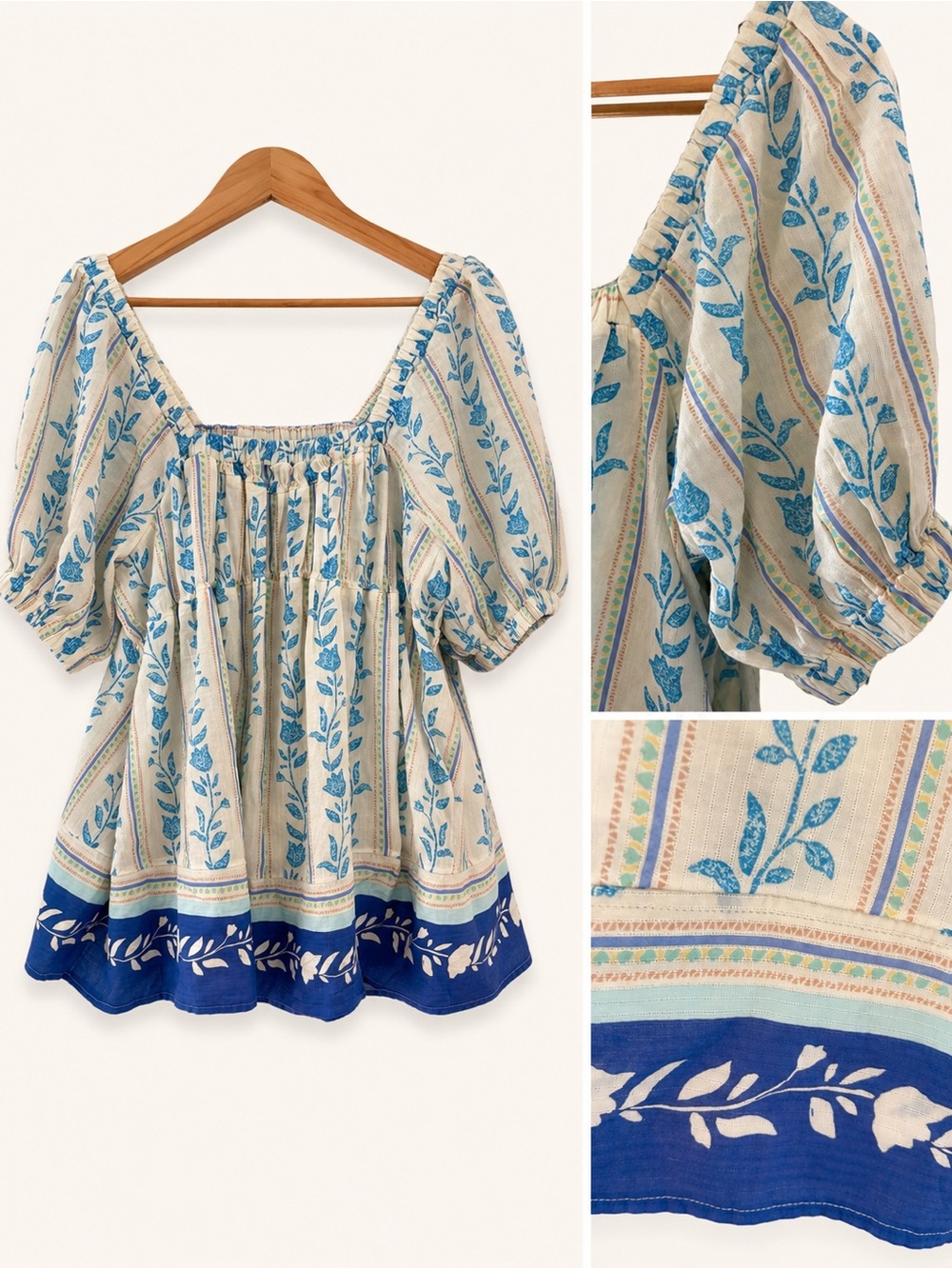 Free People Cream Peasant Tunic with Blue Botanical Border